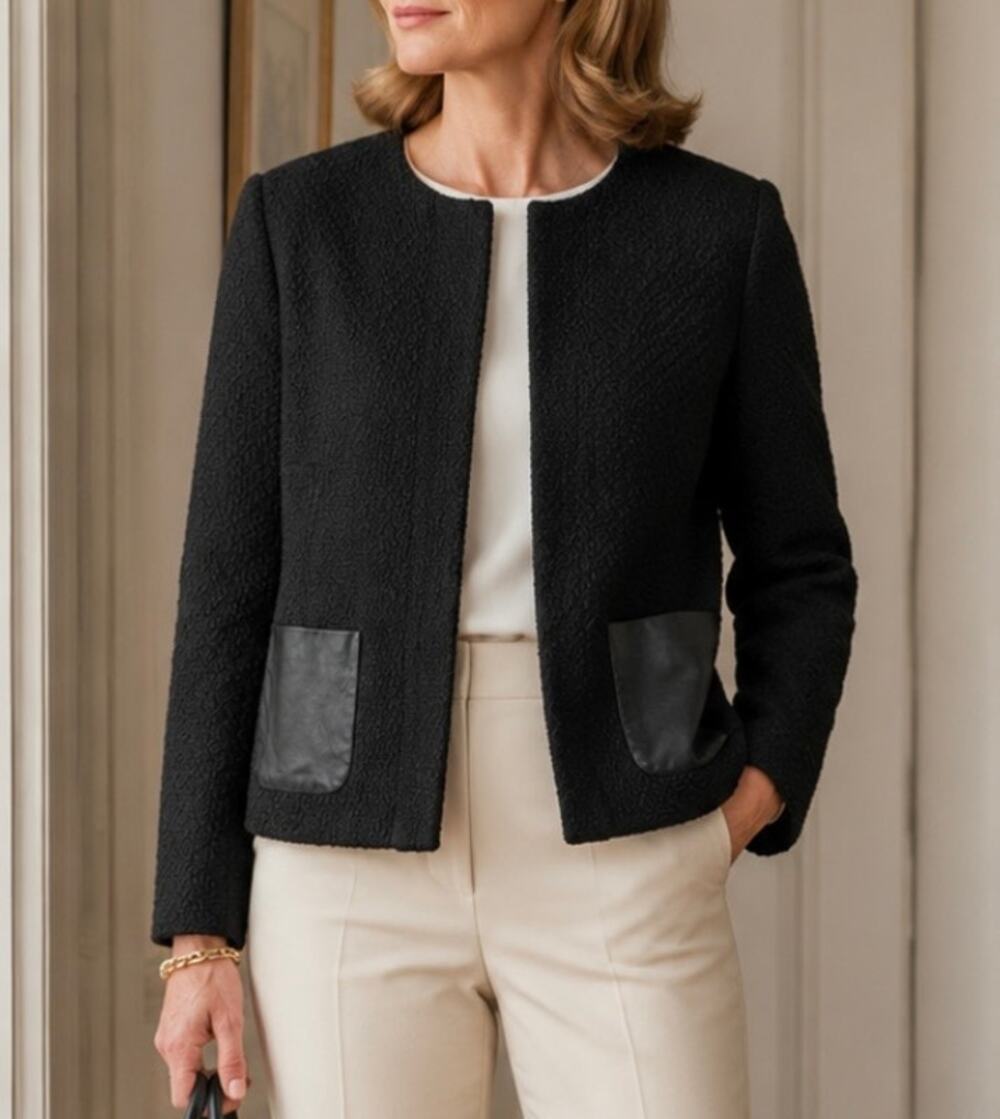 Talbots tweed jacket full zip faux leather pockets minimalist lined old money 12